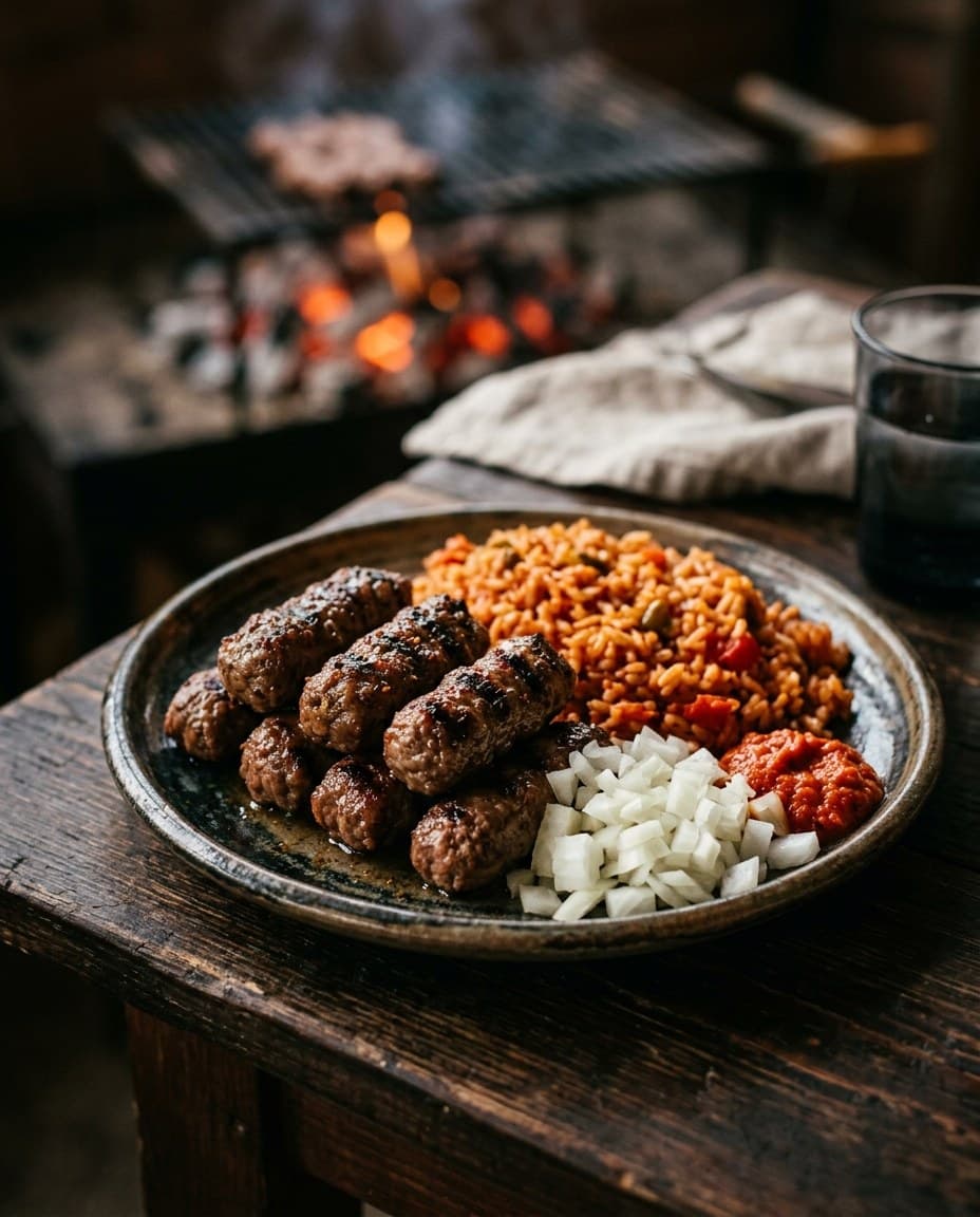 Teller mit Ćevapčići, Đuveč-Reis, Zwiebeln und Ajvar vor einem Holzkohlegrill